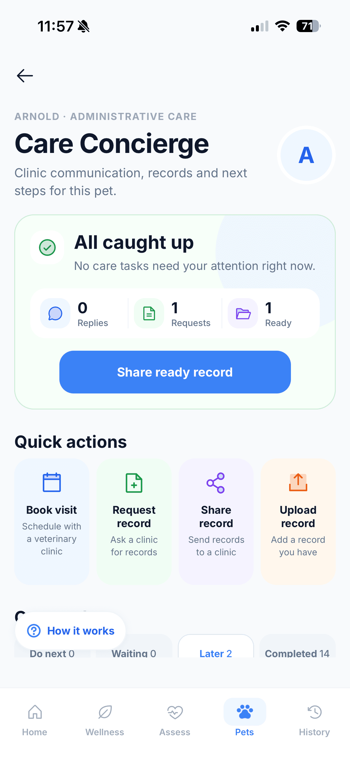 PetAider Care Concierge screen with administrative care status and quick actions