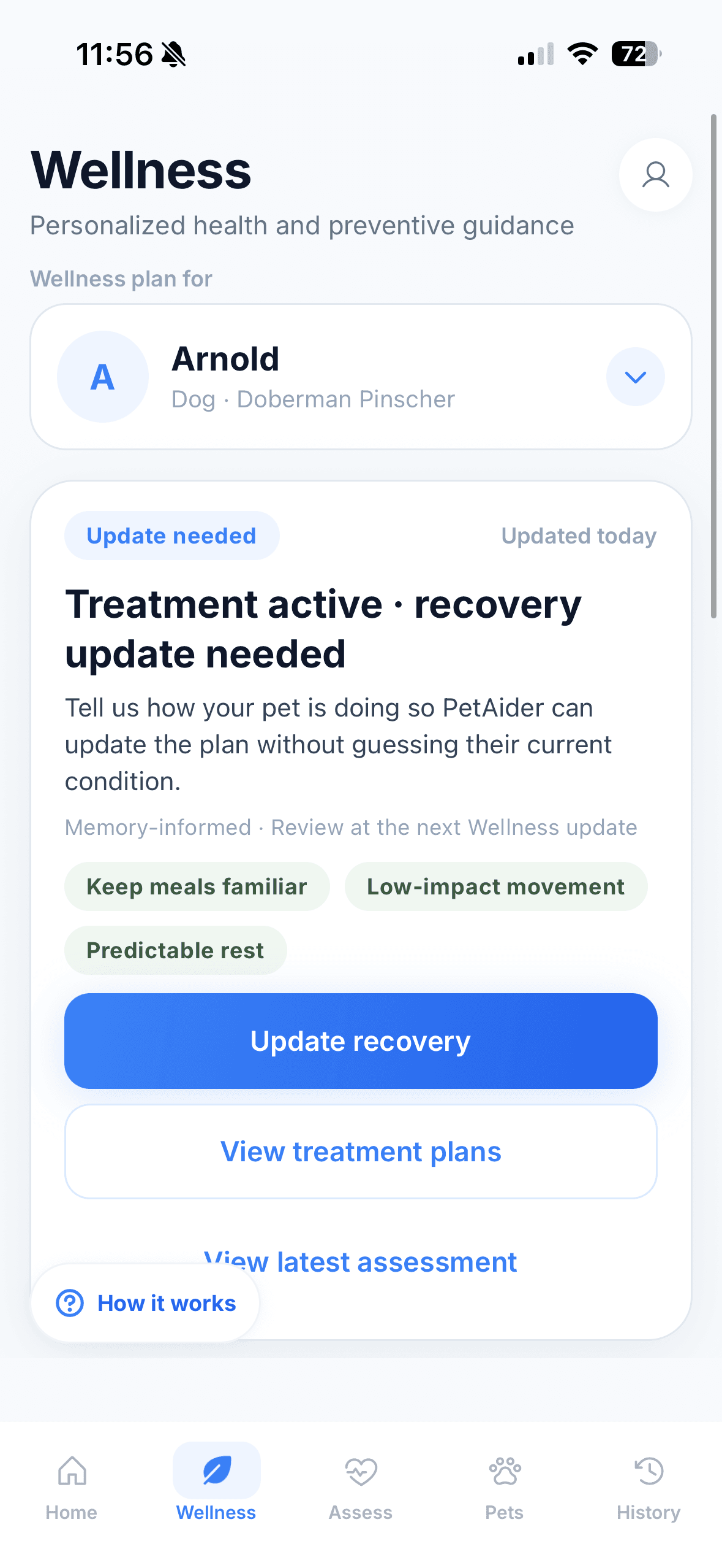 Arnold's PetAider Wellness screen with personalized preventive and recovery-aware guidance