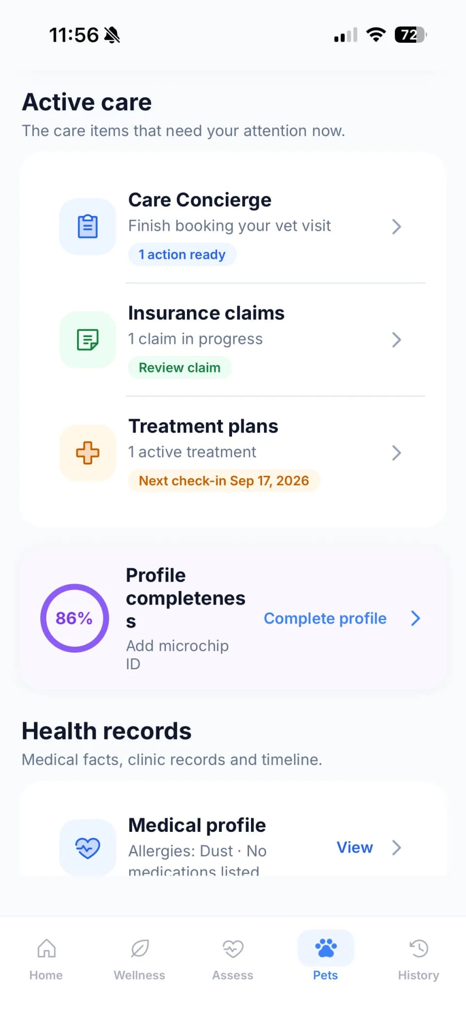 PetAider records and profile screen with active care and health records