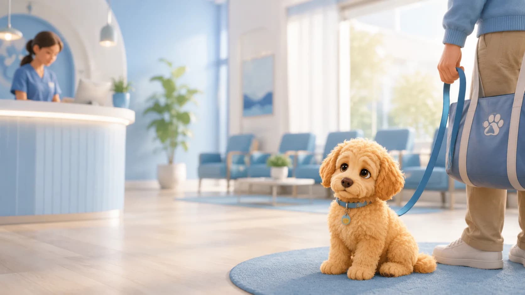 Arnold and his owner arriving at a bright veterinary clinic