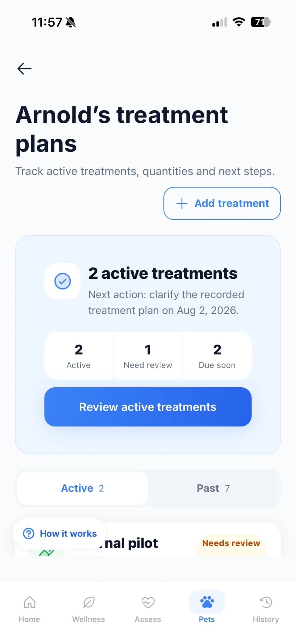 PetAider Treatment Plans screen showing active treatments and next actions