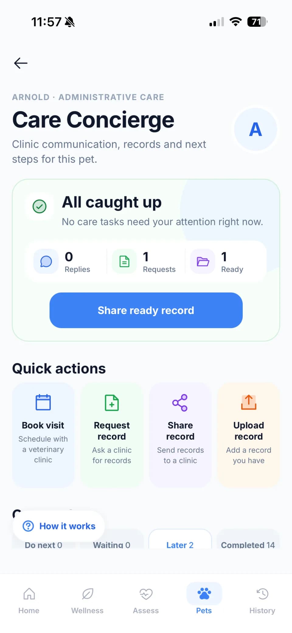 PetAider Care Concierge showing record, visit, sharing and upload actions for a pet.
