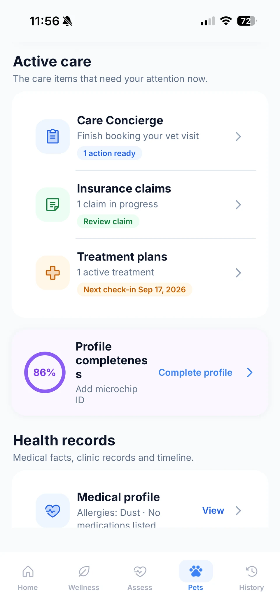 PetAider pet profile showing active care, profile completeness and health-record access